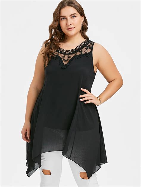 2018 Plus Size Lace Panel Sleeveless Tunic Top Women Tanks Summer O