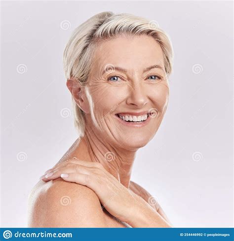 Mockup Beauty And Skin Care With Face Happy Mature Woman Smiling And Enjoying Hygiene Treatment