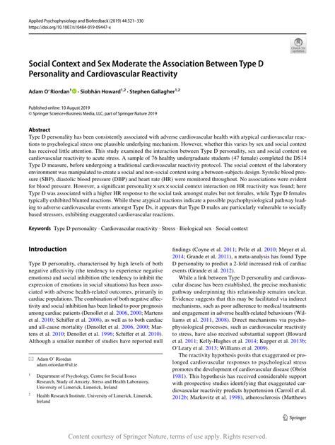 Social Context And Sex Moderate The Association Between Type D