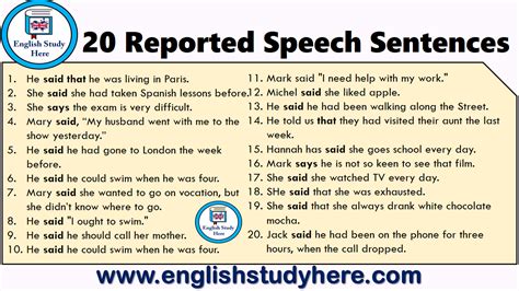 Https Englishstudyhere Com Reported Speech Reported Speech Example Sentences Reported