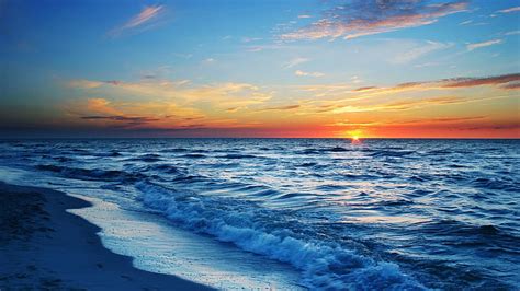 Hd Wallpaper Sunset Sea Beach Waves Blue Orange Sky Wallpaper Flare