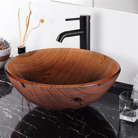 Aquaterior Tempered Glass Round Vessel Sink Wood Grain Pattern Above