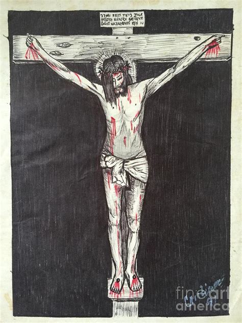 Use curved lines to outline the head, draw the hair, detail the face, and form. Jesus On The Cross Drawing by Cristina Villanobos