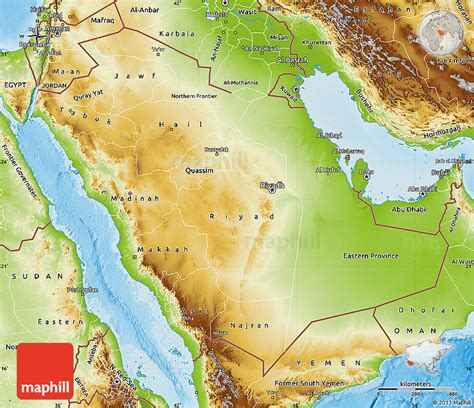 Detailed elevation map of saudi arabia with roads, cities and airports. Physical Map of Saudi Arabia