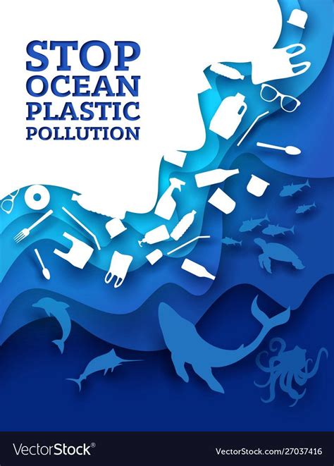 Stop Ocean Plastic Pollution Vector Illustration In Paper Art Style