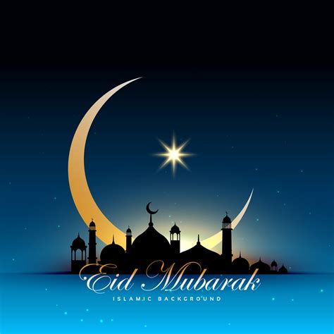 Mosque Silhouette In Night Sky With Golden Crescent Moon And Sta