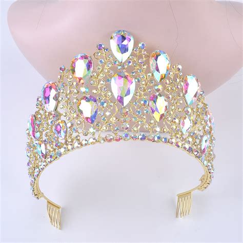 Luxury Vintage Gold Ab Wedding Crown Alloy Bridal Tiara Baroque Queen