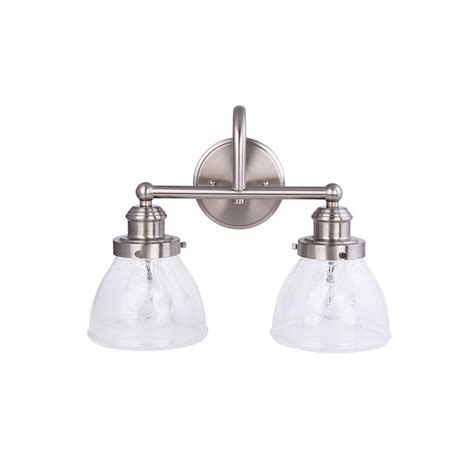 Durable steel construction with brushed nickel finish provides a sophisticated look. 2-Light Brushed Nickel Vanity Bath Light with Glass Shades ...