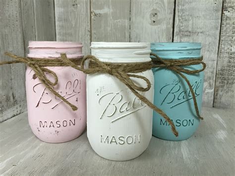 Shabby Chic MASON JARS, Painted Mason Jars, Mason Jar Vases, Jars for