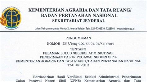 Kementerian atr/bpn juga menerima pelamar berlatar sarjana dari ekonomi, sosial dan keuangan. Kementerian ATR/BPN Umumkan Seleksi Administrasi CPNS 2019, Cek Nama Anda di Sini! - Tribunnews.com
