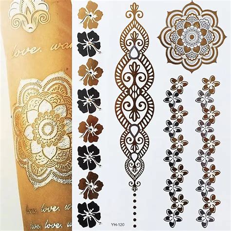 hot flash metallic waterproof temporary tattoo gold silver tatoo women henna flower taty design