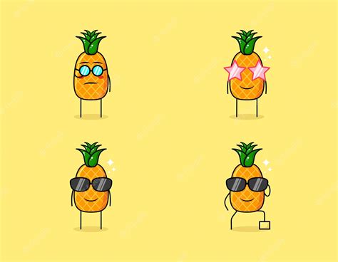 premium vector set of cute pineapple cartoon character with serious smile and eyeglasses