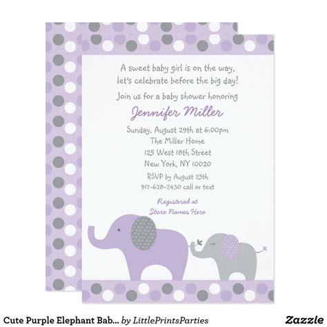 Cute Purple Elephant Baby Shower Invitation Elephant Baby Shower