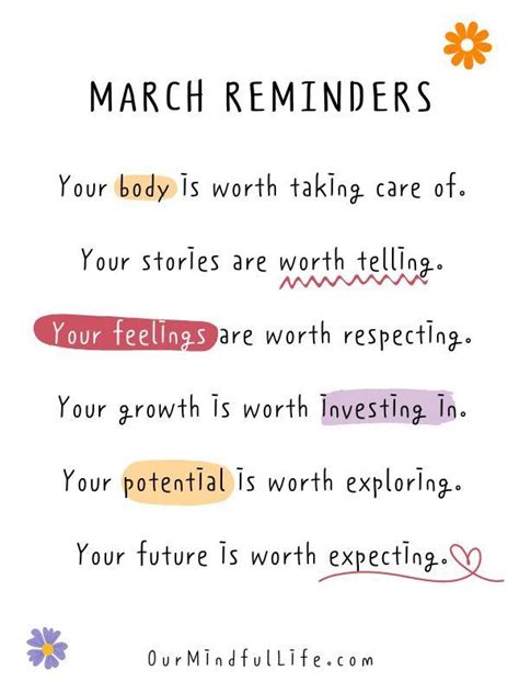 A Poster With The Words March Reminders Written In Different Colors And
