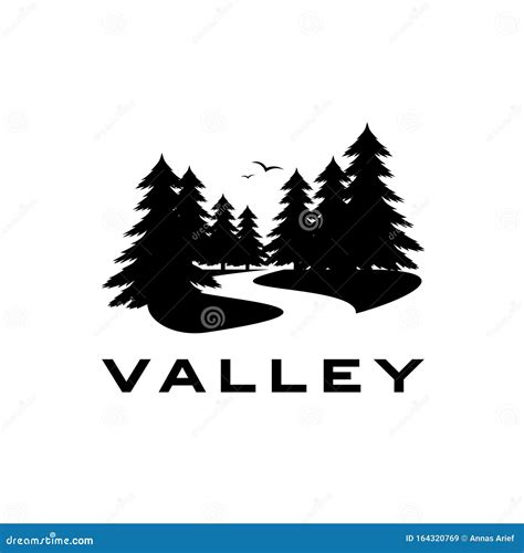 Black Pine Tree Silhouette River Valley Illustration Logo Design Stock