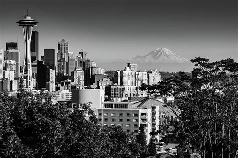 Seattle Skyline With Mount Rainier In The Background In Black And White