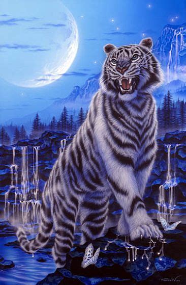 A Painting Of A White Tiger Sitting On Top Of A Rock Next To The Water