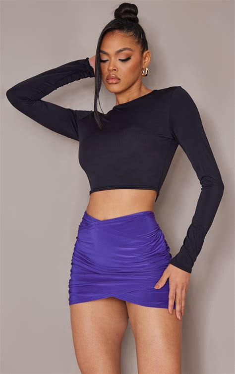 Purple Slinky Ruched Wrap Over Mini Skirt Prettylittlething
