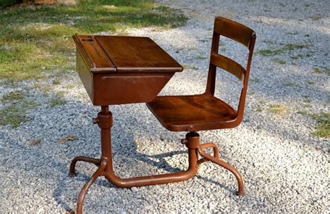 Vintage School Desk With Attached Chair Wood And Metal
