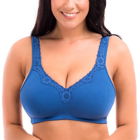 Womens Cotton Full Coverage Wirefree Non Padded Lace Trim Plus Size Bra
