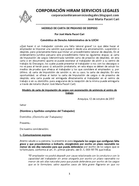 Modelo De Carta De Preaviso De Despido Autor José María Pacori Cari