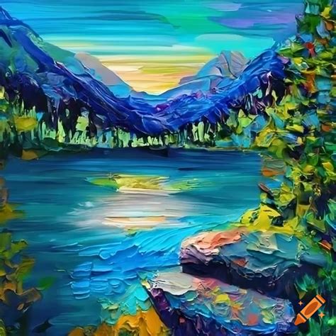 Palette Knife Artwork Of A Peaceful Mountain Lake On Craiyon