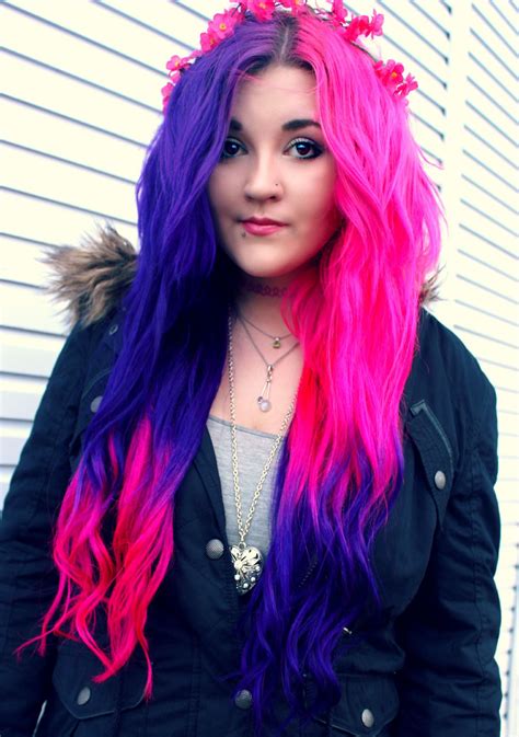 #me #half red half black hair #chain wallet #uhhh im bad at tagging things please excuse me. Pink purple half and half ombre dyed hair | Split dyed ...