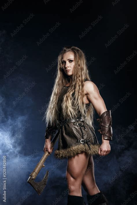 Beautiful Female Viking Woman Warrior In Battle With Big Two Handed