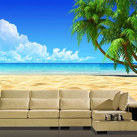 Blue Sky Beach Coconut Palm Landscape Mural Wallpaper Modern Simple