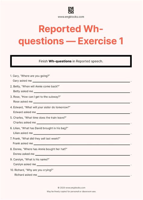 Reported Wh Questions — Worksheet 1 Wh Questions Exercises Reported