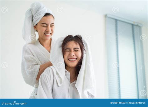 Asian Beautiful Lesbian Couple Spending Morning Leisure Time Together Attractive Romantic Girl