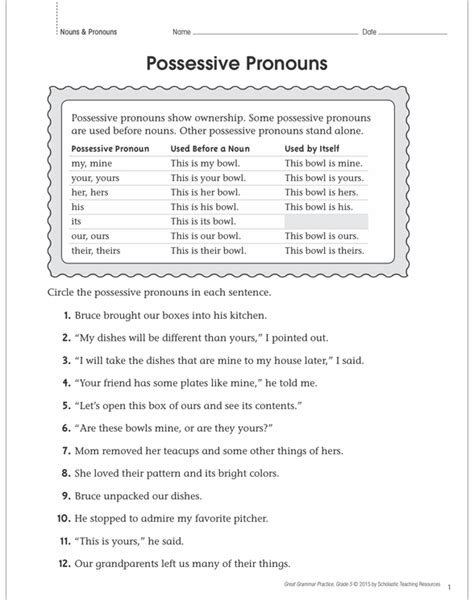 Possessive Pronouns Grammar Practice Grades Printable Skills