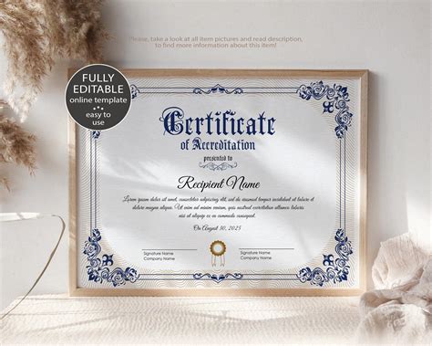 Editable Certificate Of Accreditation Template Printable Etsy