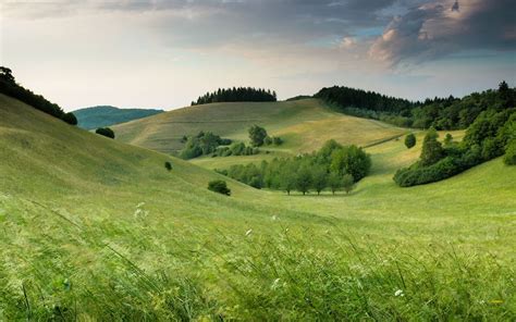 Green Hills With Forest Under Cloudy Sky During Da Mac Wallpaper