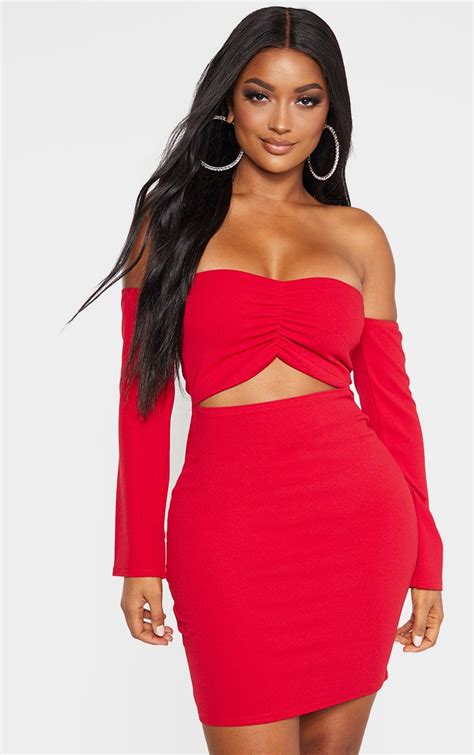 Shape Red Bardot Ruched Bust Cut Out Bodycon Dress Prettylittlething