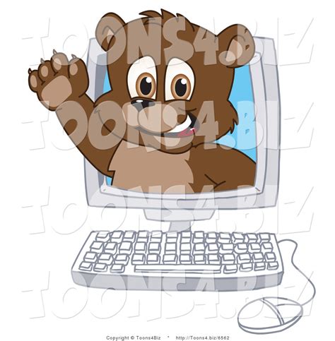 Vector Illustration Of A Cartoon Bear Mascot Waving In A Computer