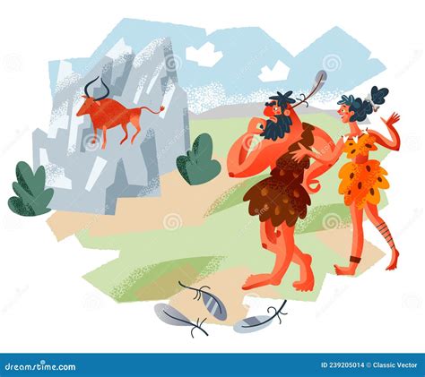 Cavemen Looking At Painting On Rock In Stone Age Prehistoric Ancient History Vector