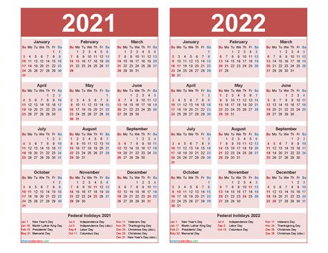 2021 And 2022 Calendar Printable With Holidays Word Pdf