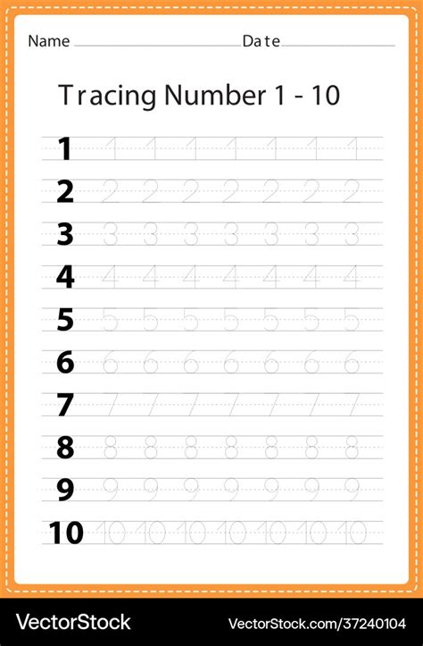 Tracing Number 1 10 Worksheet For Kindergarten Vector Image