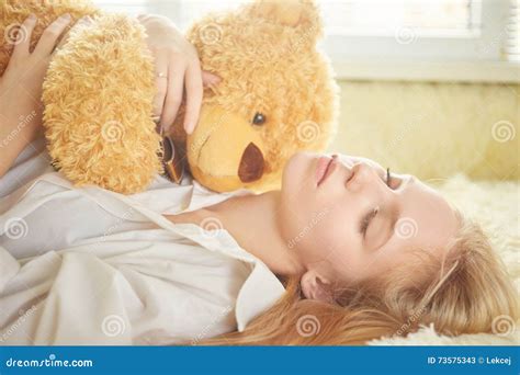 Girl Dreaming With Teddy Bear Stock Image Image Of Sleeping Lying