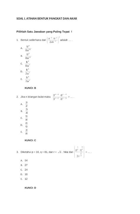 Doc Soal Latihan Bentuk Pangkat Dan Akar Doc Dokumen Tips