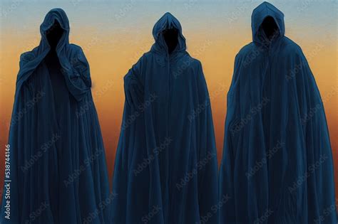 Group Of Three Scary Figures In Hooded Cloaks In The Dark Stock