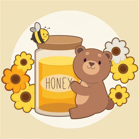 Character Of Cute Bear Hugging A Big Honey Jar With Bee And Flower On