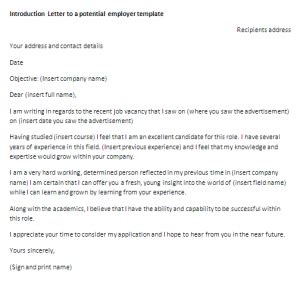 Introduction Letter to potential employer template