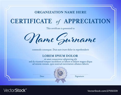 Classic Certificate Appreciation Template Blue Vector Image