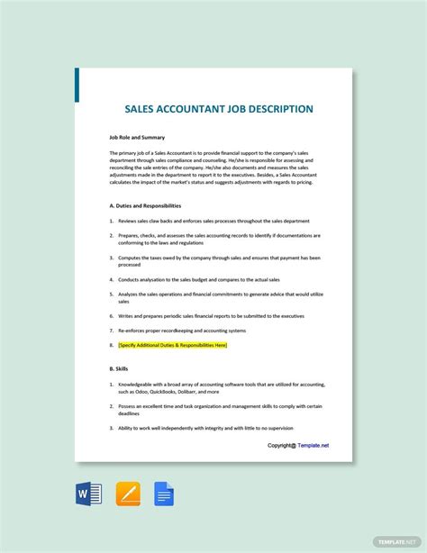Accounting assistant duties and responsibilities. Free Sales Accountant Job Description Template #AD, , # ...