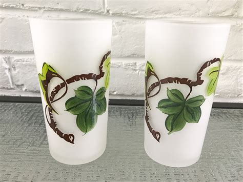 Hazel Atlas Frosted Glasses With Gay Fad Studios Painted Ivy Etsy