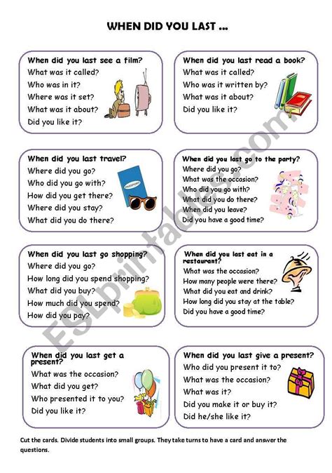 When Did You Last Past Simple Speaking Cards Esl Worksheet By