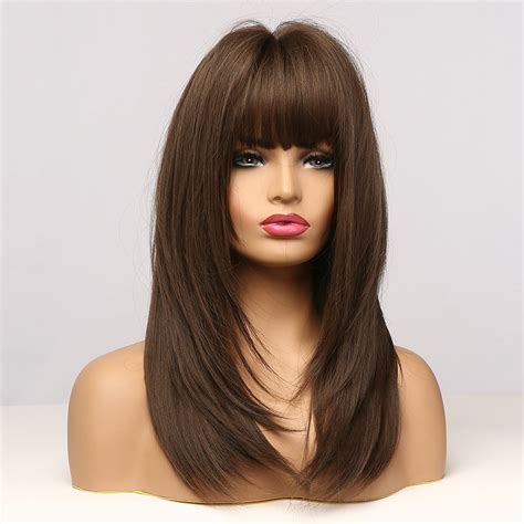 Wig Long Brown Wig With Bangs Straight Wig For Women Synthetic Etsy
