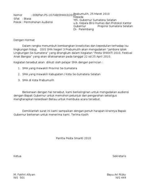 Surat undangan resmi merupakan surat yang biasa di buat oleh suatu lembaga, ditujukan pada. Contoh Surat Audiensi Gubernur